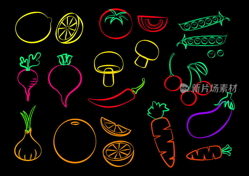 Set of vegetables and fruits, colorful vector illustration